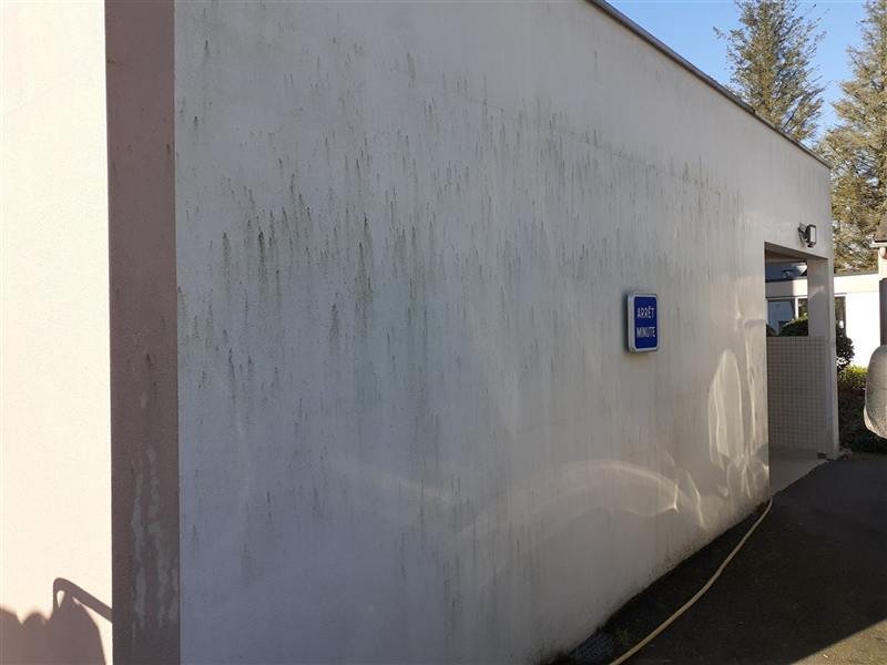 Long mur enduit d'un garage strié de coulures noires et vertes