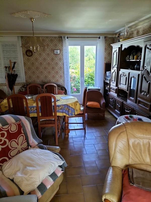 Séjour meublé avec canapés, table, buffet et objets, avant le vide-maison